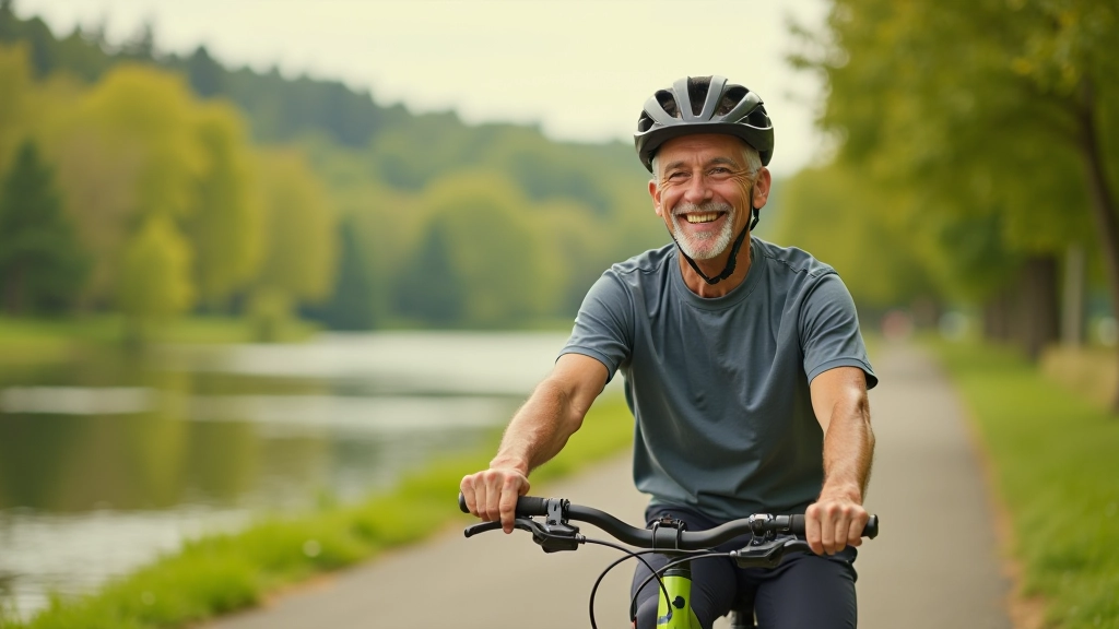 Seniorzy na rowerach uśmiechają się podczas wycieczki nad rzeką