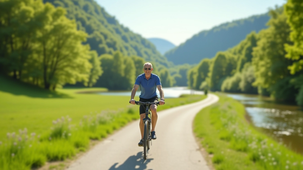 Emeryt na rowerze nad rzeką Dunajec, słoneczny dzień, zielona sceneria
